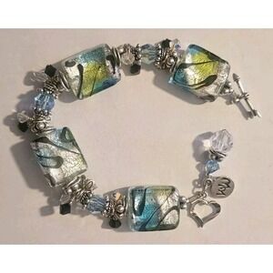 WW Signed Colored Glass Beaded Crystal Aurora Sterling Silver 925 Bracelet 8"